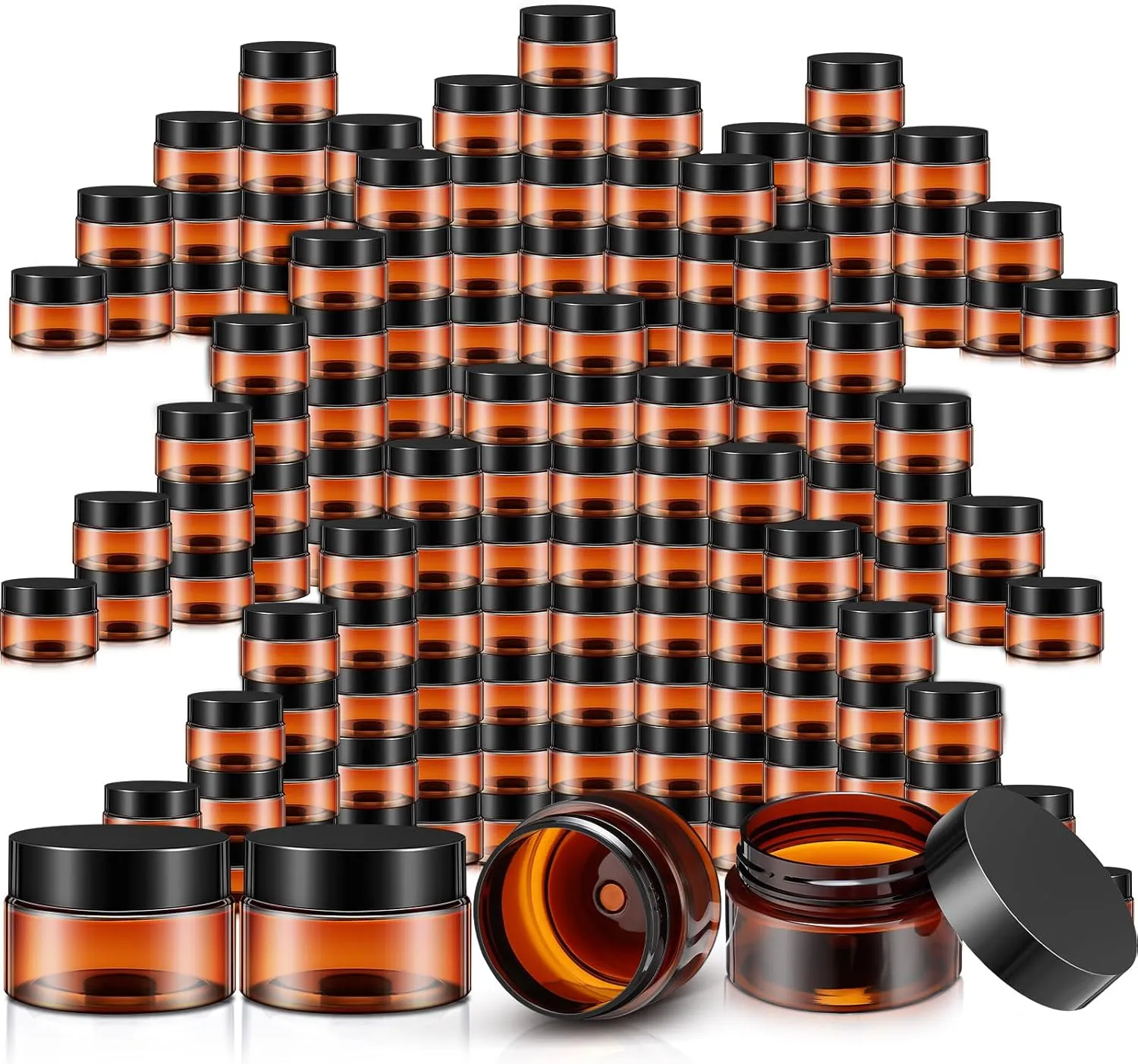 SATINIOR 100 Pcs Plastic Jars with Lids Small Containers Lids Wide Mouth Small Plastic Containers for Lotion Cream Rhinestones Body Butters Travel Storage(1 oz,Amber with Black Lid)
