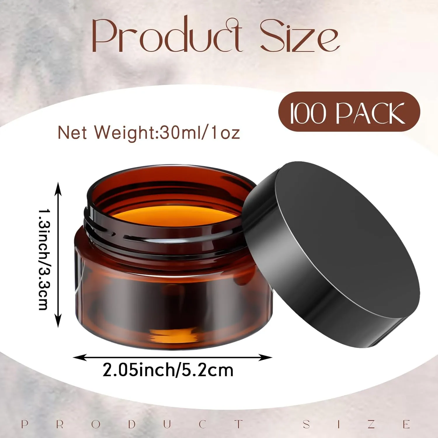 SATINIOR 100 Pcs Plastic Jars with Lids Small Containers Lids Wide Mouth Small Plastic Containers for Lotion Cream Rhinestones Body Butters Travel Storage(1 oz,Amber with Black Lid)