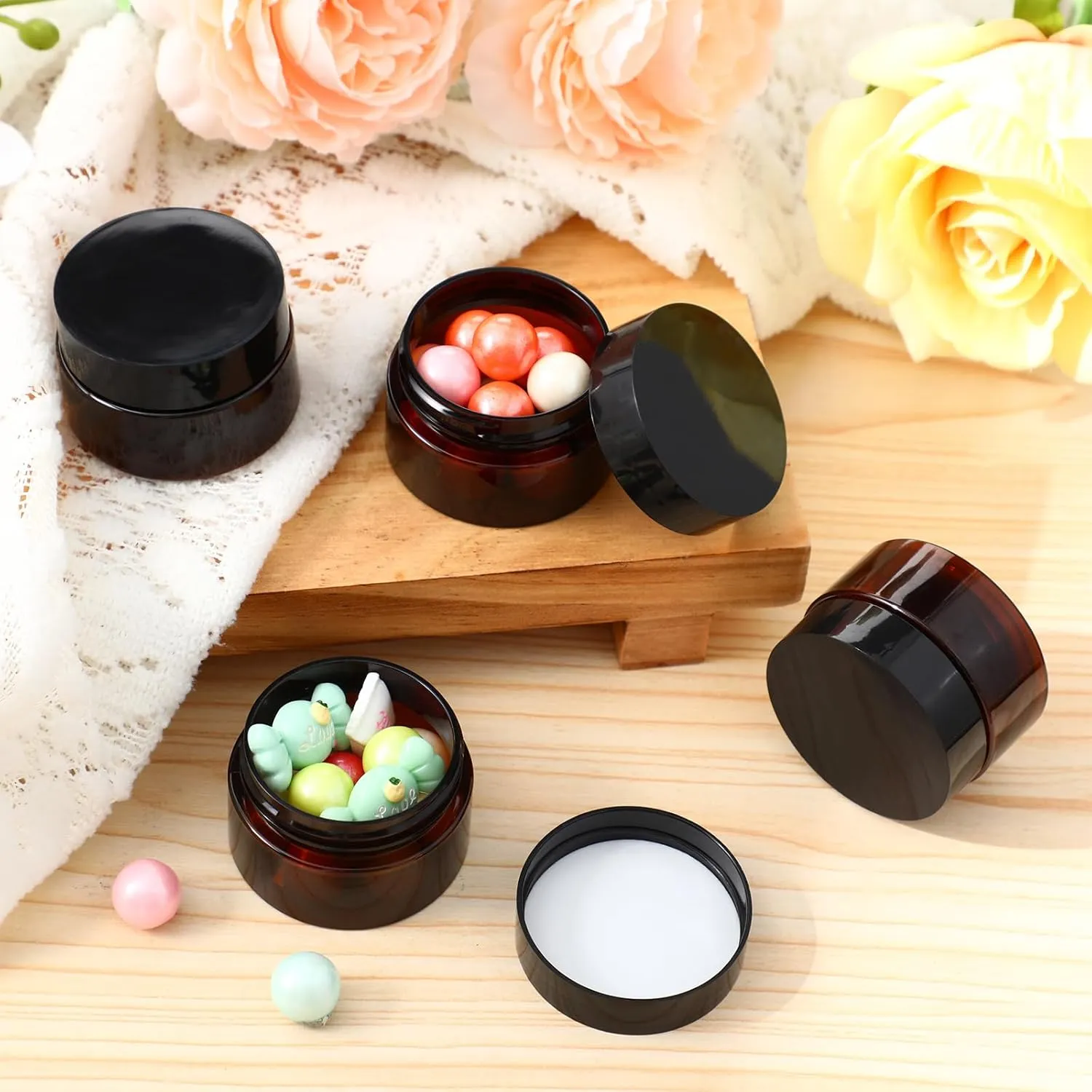 SATINIOR 100 Pcs Plastic Jars with Lids Small Containers Lids Wide Mouth Small Plastic Containers for Lotion Cream Rhinestones Body Butters Travel Storage(1 oz,Amber with Black Lid)