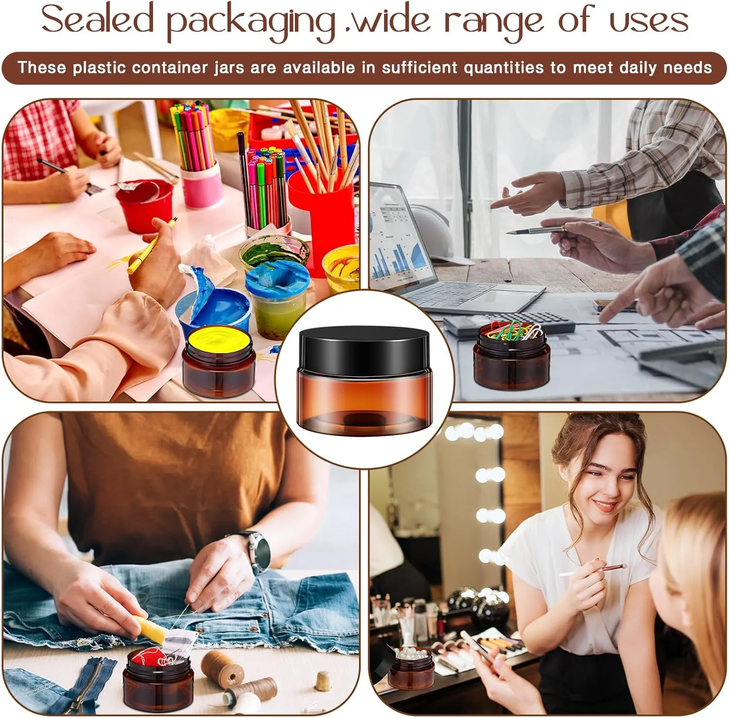 SATINIOR 100 Pcs Plastic Jars with Lids Small Containers Lids Wide Mouth Small Plastic Containers for Lotion Cream Rhinestones Body Butters Travel Storage(1 oz,Amber with Black Lid)