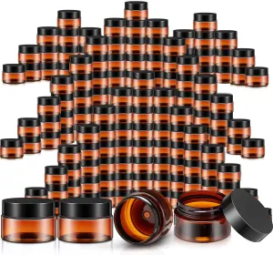 SATINIOR 100 Pcs Plastic Jars with Lids Small Containers Lids Wide Mouth Small Plastic Containers for Lotion Cream Rhinestones Body Butters Travel Storage(1 oz,Amber with Black Lid)