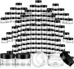 SATINIOR 100 Pcs Plastic Jars with Lids Small Containers Lids Wide Mouth Small Plastic Containers for Lotion Cream Rhinestones Body Butters Travel Storage(1 oz,Clear with Black Lid)
