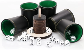 Schocken Set of 5 Leather Dice Cups 25 Dice Shock Cutlery Wood with 14 Discs and Stand Shock Cutlery Set for Jule Meiern Maxen Mortars 10 x 10 cm (Wood Colour)