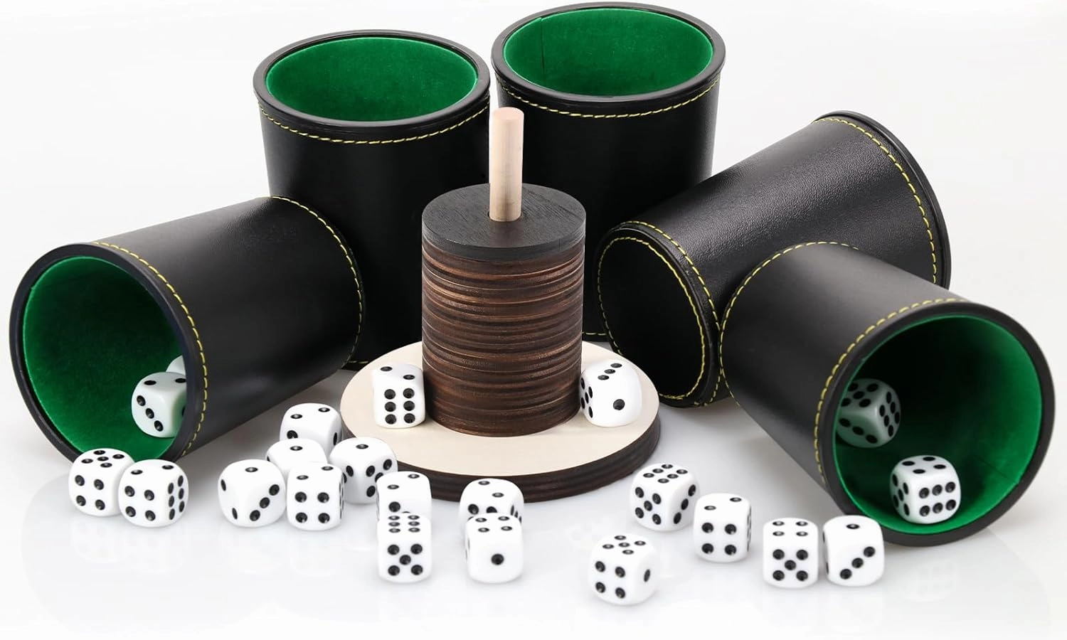 Schocken Set of 5 Leather Dice Cups 25 Dice Shock Cutlery Wood with 14 Discs and Stand Shock Cutlery Set for Jule Meiern Maxen Mortars 10 x 10 cm (Wood Colour)