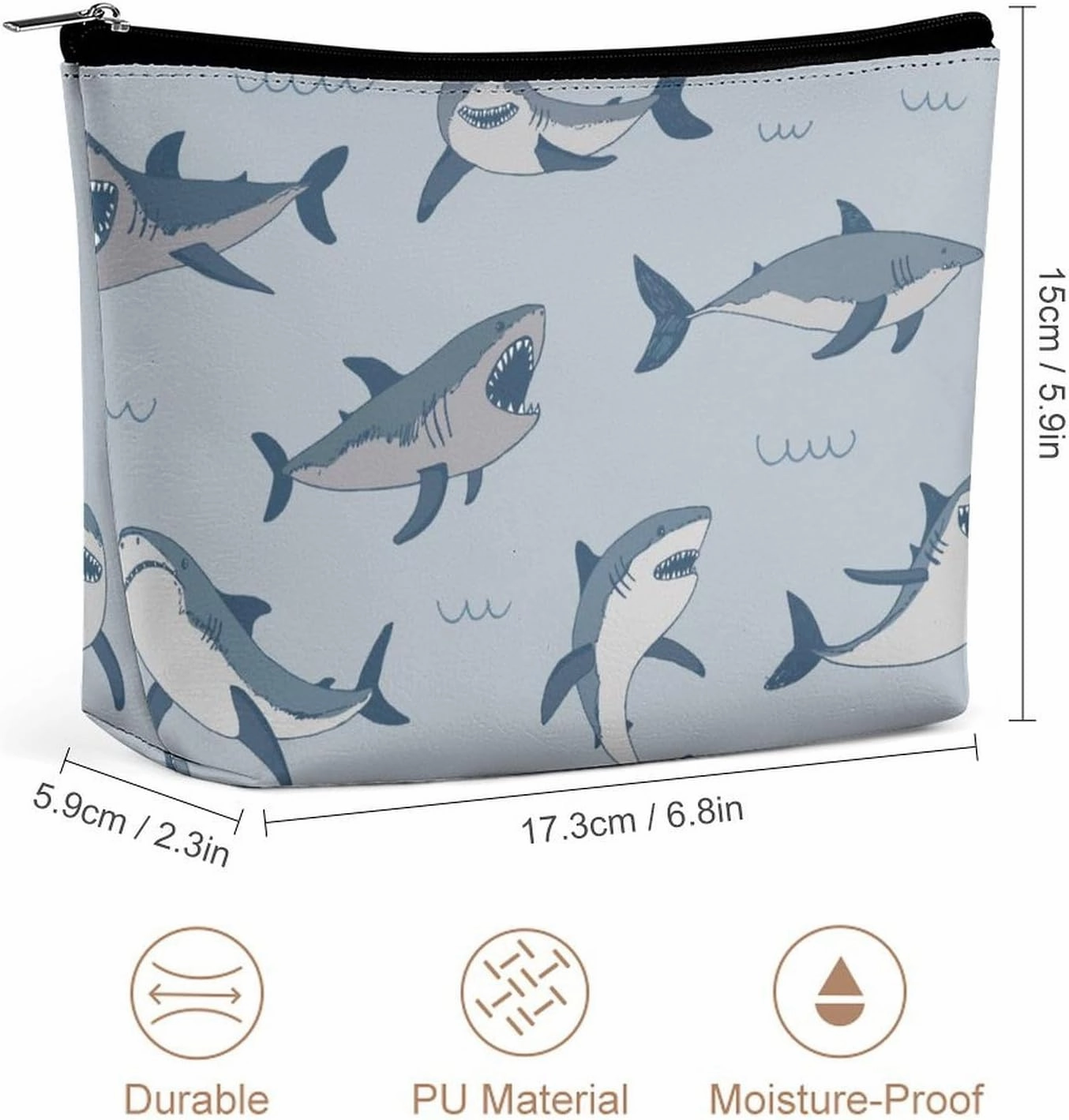 Sea Animal Desgin Personalized Makeup Bag, Shark PU Cosmetic Bag Travel Makeup Bag,Zipper Makeup Pouch for Women-Toiletry Bags for Traveling Women