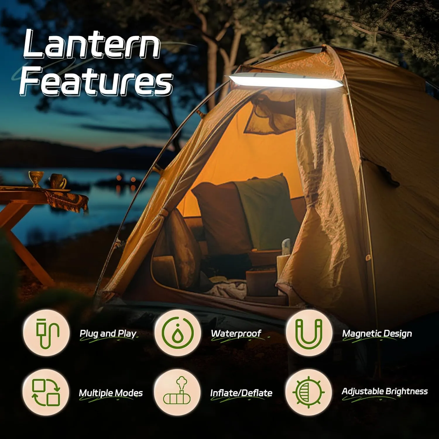 SELORSS Portable Inflatable Folding Outdoor Camping Light, IP66 Waterproof Standard with USB Plug for Camping, Hiking, Traveling and Other Outdoor environments.(Green Two-Piece)