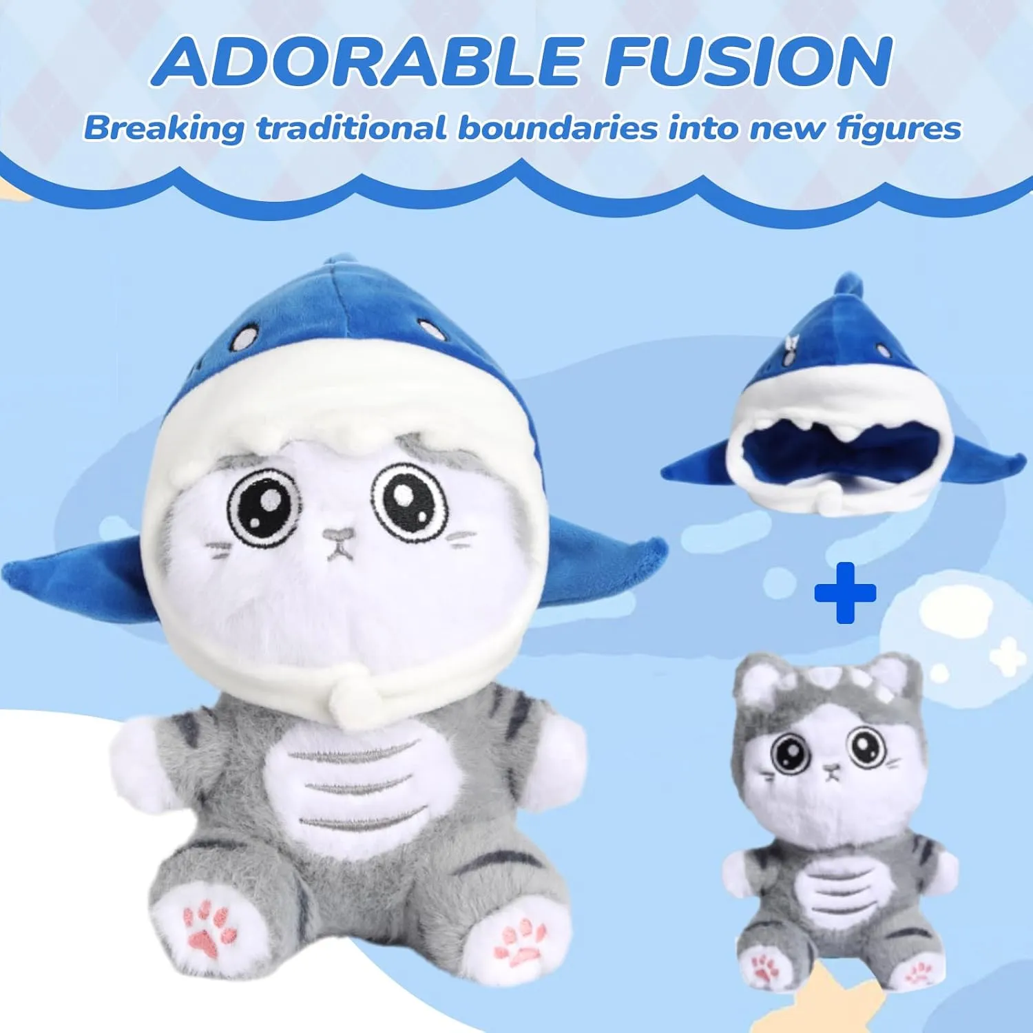 Shark Cat Plush Toy, 8"" Kawaii Cat Stuffed Animal Interactive Toy Kawaii Cat Shark Plushie Removing a Hat can Turn Into Cat Shark Cat Doll Pillow Toy for Baby Boys Girls