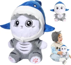 Shark Cat Plush Toy, 8"" Kawaii Cat Stuffed Animal Interactive Toy Kawaii Cat Shark Plushie Removing a Hat can Turn Into Cat Shark Cat Doll Pillow Toy for Baby Boys Girls