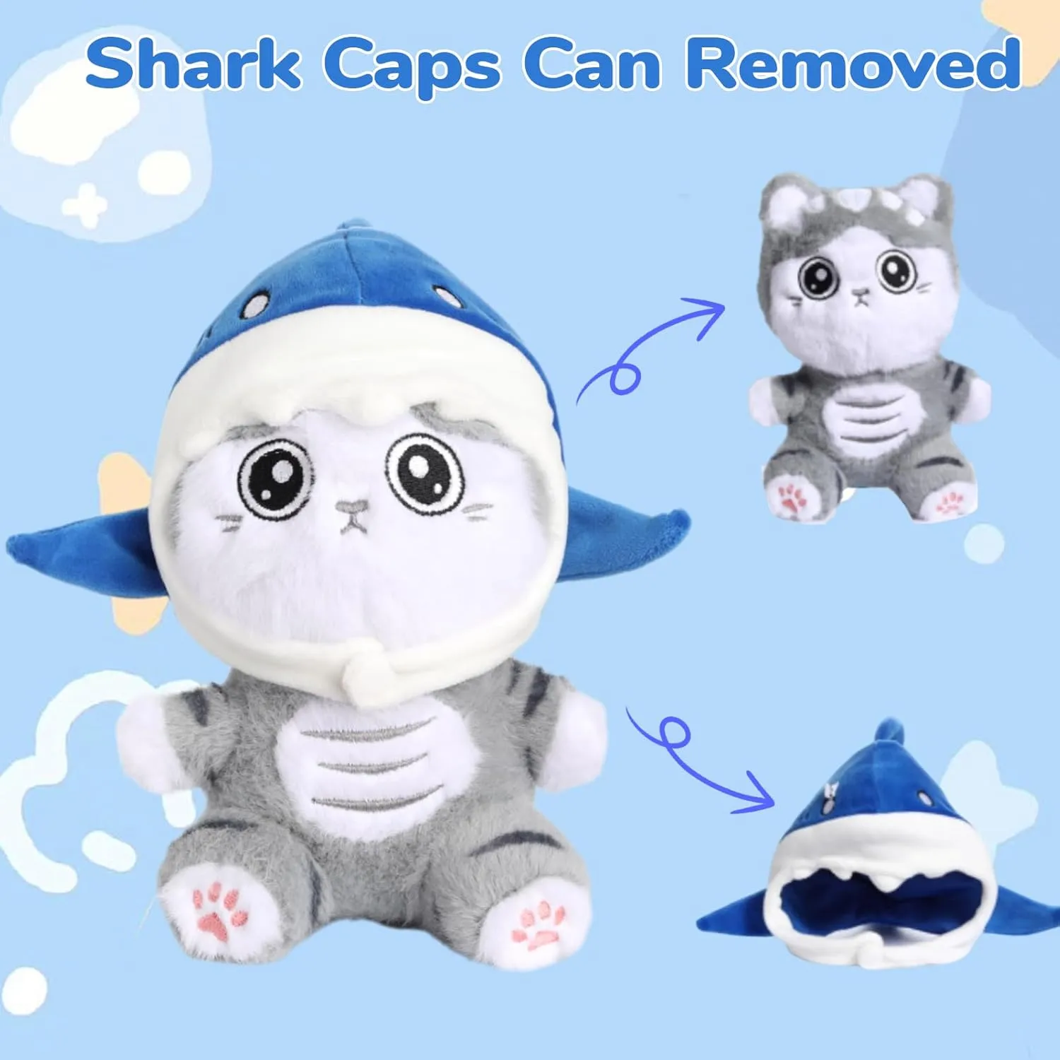 Shark Cat Plush Toy, 8"" Kawaii Cat Stuffed Animal Interactive Toy Kawaii Cat Shark Plushie Removing a Hat can Turn Into Cat Shark Cat Doll Pillow Toy for Baby Boys Girls
