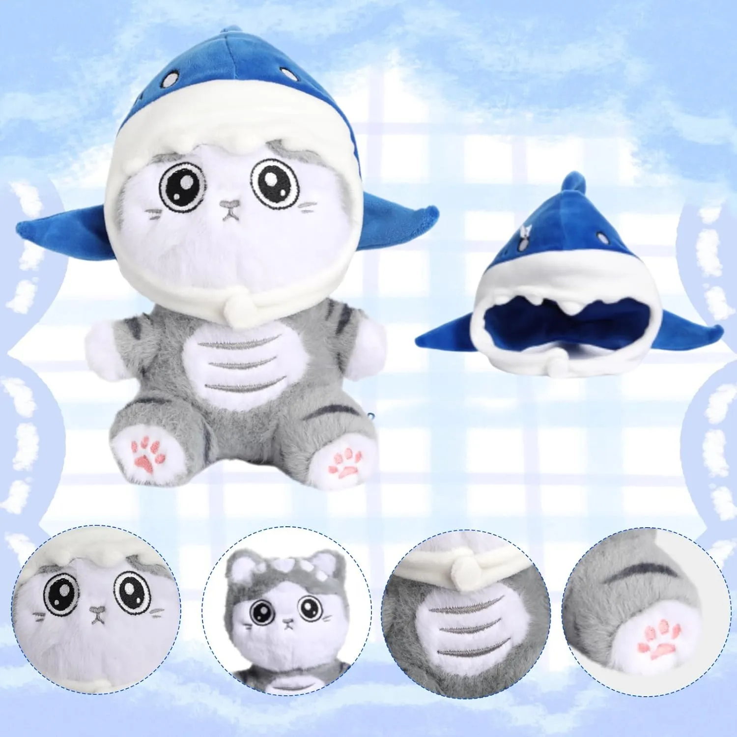 Shark Cat Plush Toy, 8"" Kawaii Cat Stuffed Animal Interactive Toy Kawaii Cat Shark Plushie Removing a Hat can Turn Into Cat Shark Cat Doll Pillow Toy for Baby Boys Girls