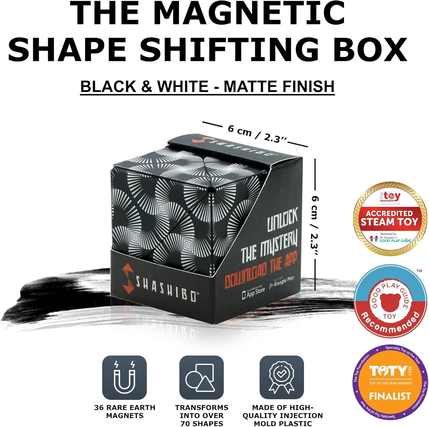SHASHIBO Shape Shifting Box - STEM Magnetic Fidget Cube That Transforms Into Over 70 Shapes, Download Fun in Motion Toys Mobile App (Black & White)