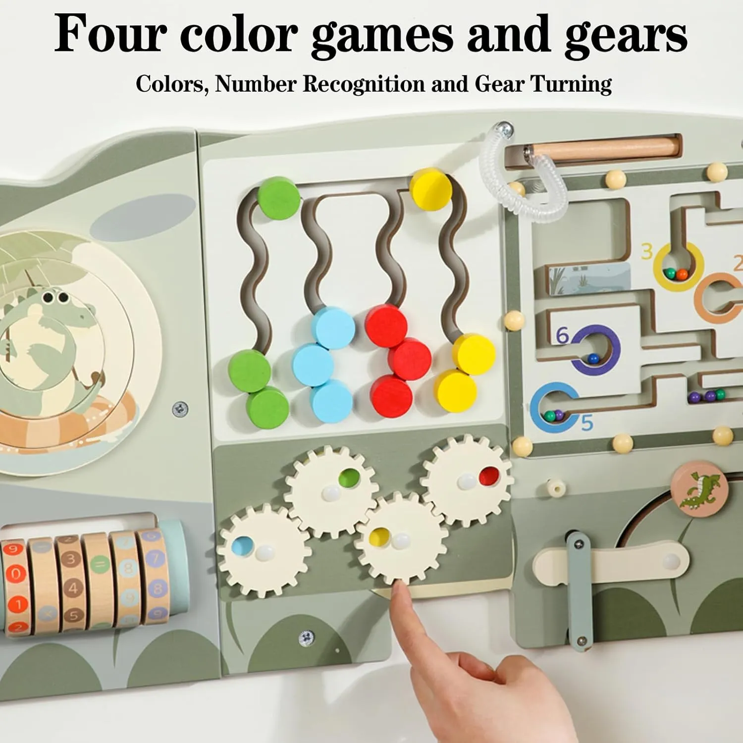 SHIERDU Wooden Crocodile Wall Game for Kids - Montessori Educational Early Learning Toy with Magnetic Mazes, Weather & Numbers, Gear Puzzles & Clock Games for 3  Years (Green)