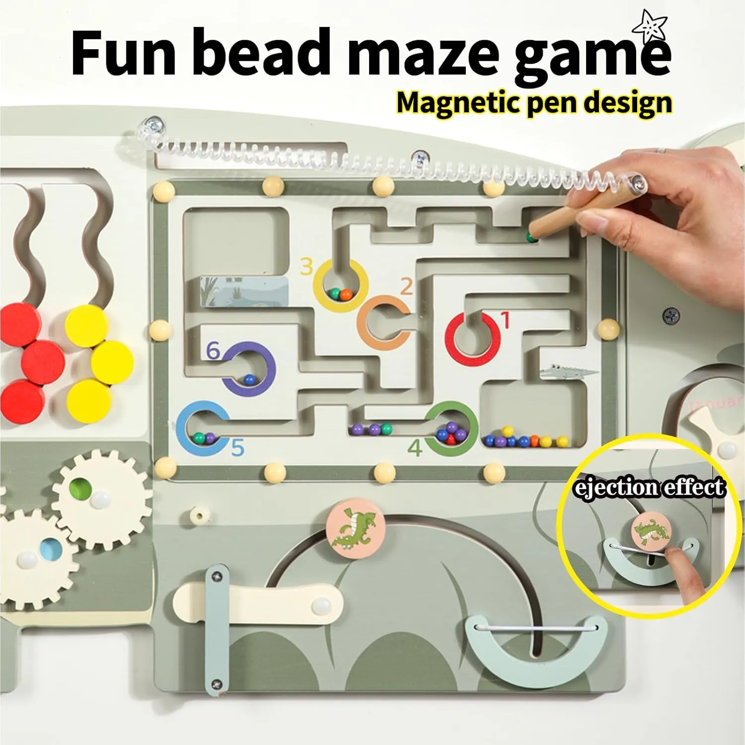 SHIERDU Wooden Crocodile Wall Game for Kids - Montessori Educational Early Learning Toy with Magnetic Mazes, Weather & Numbers, Gear Puzzles & Clock Games for 3  Years (Green)