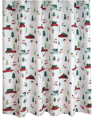 Shower Curtain Polyester, Christmas Red Truck Car Print with Trees, 70 x 70 inch