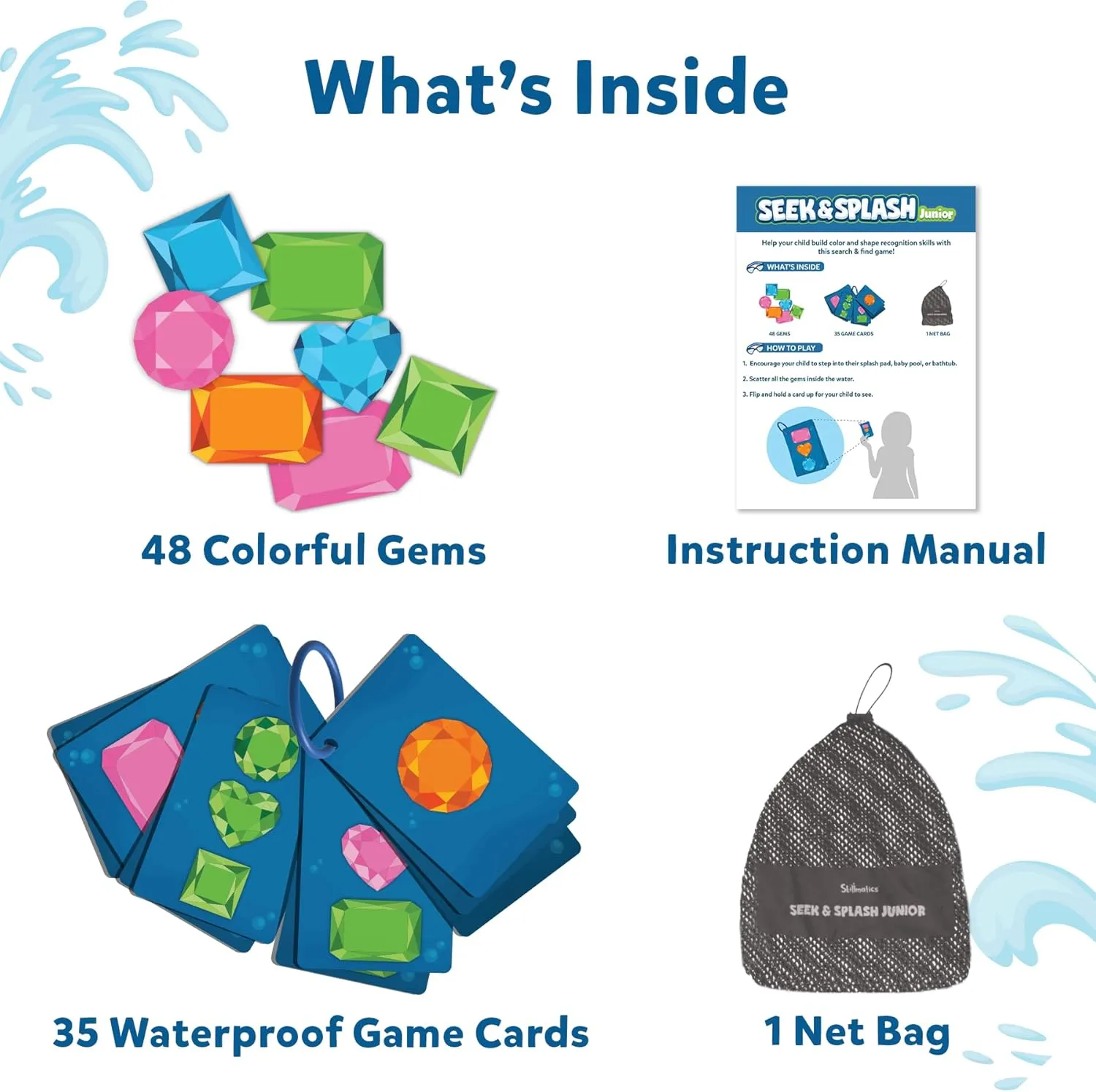 Skillmatics Pool Toys – Seek & Splash, Preschool Search & Find Water Game, Swimming Pool & Bathtime Toy for Kids, Summer Fun & Gifts for Boys & Girls Ages 3, 4, 5, 6, Includes 48 Colorful Gems