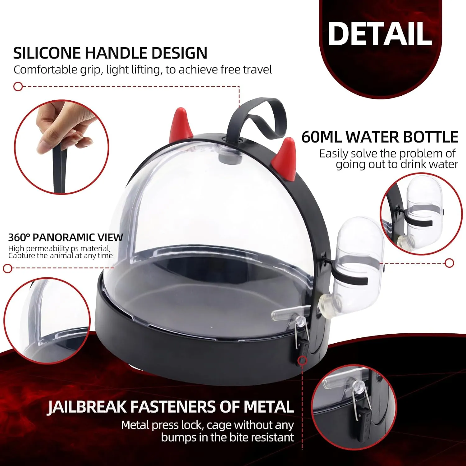 Small Animal Carrier Cage with Water Bottle, Portable Hamster Travel Carrier Carry Case 7.2" L*7.2 W *6.2" H for Small Pets, Birds,Sugar Glider,Hedgehog, Mice, Dwarf Hamster (Black Devil)