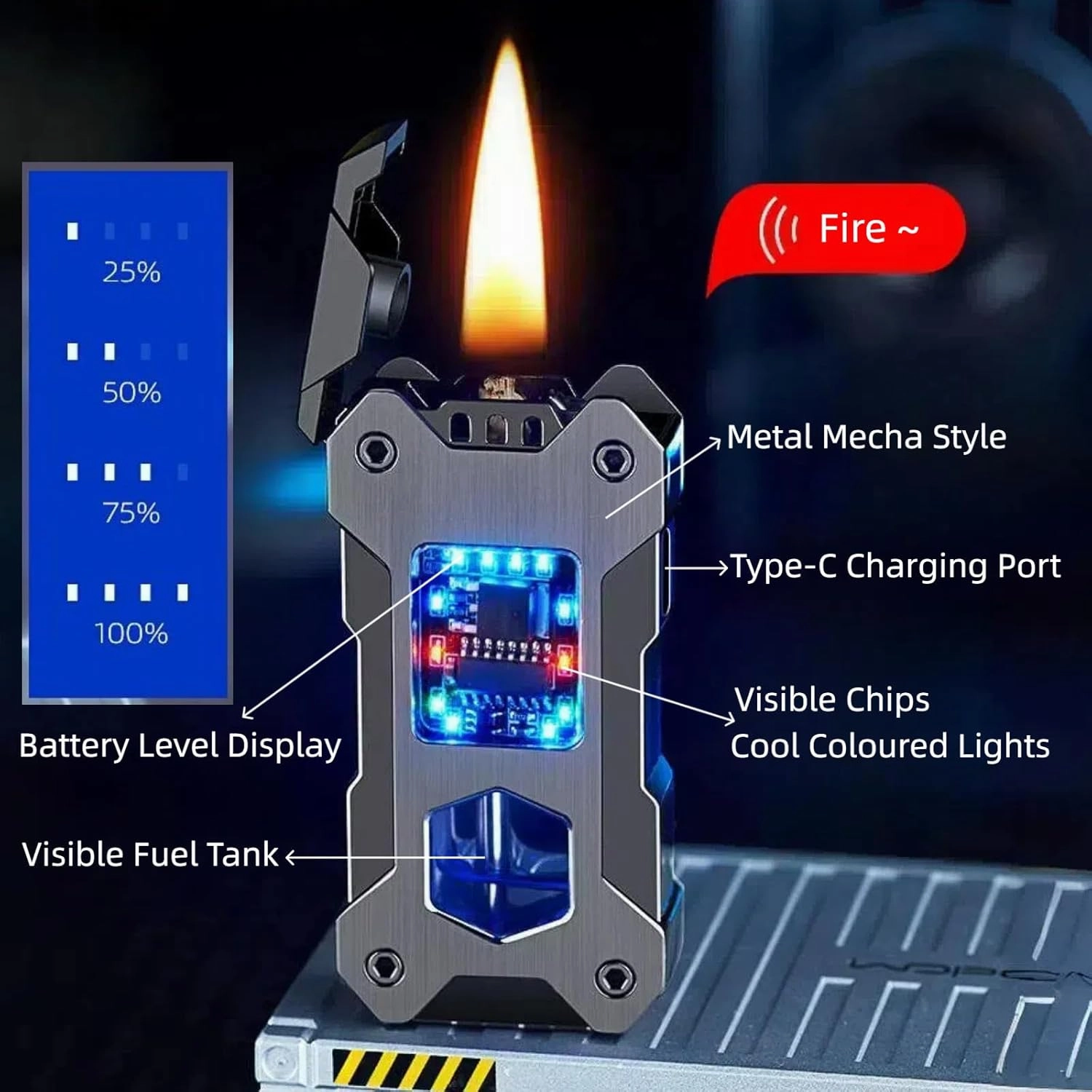 Smart Kerosene Lighter 4-Ignition Methods, Voice Activated Soft Flame Lighter, Metal Mecha Style Refillable Lighters with Cool Colorful Breathing Light (Brushed Silver, No Fuel)