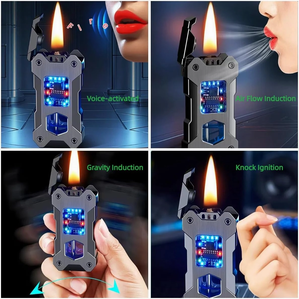 Smart Kerosene Lighter 4-Ignition Methods, Voice Activated Soft Flame Lighter, Metal Mecha Style Refillable Lighters with Cool Colorful Breathing Light (Brushed Silver, No Fuel)