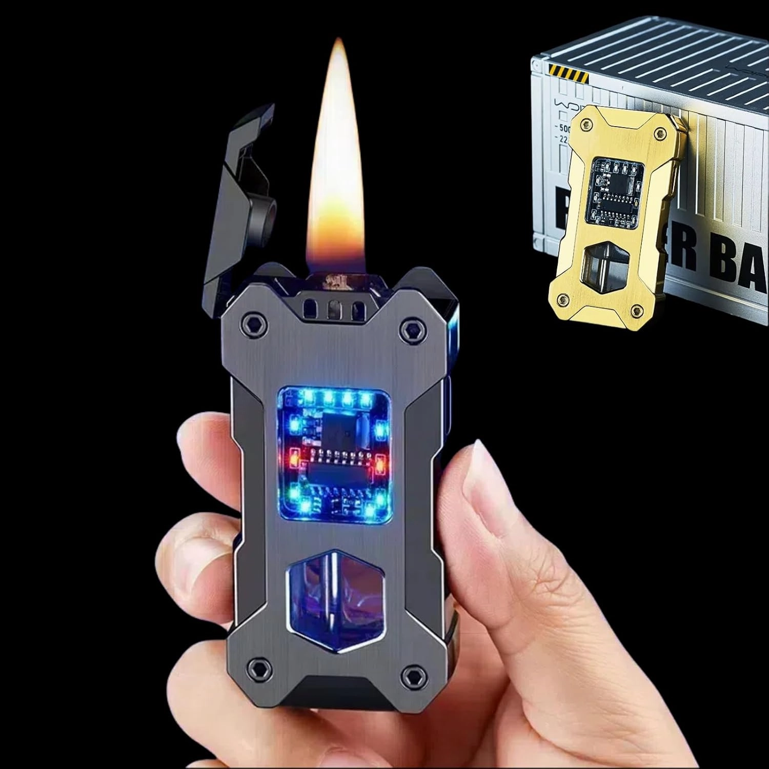 Smart Kerosene Lighter 4-Ignition Methods, Voice Activated Soft Flame Lighter, Metal Mecha Style Refillable Lighters with Cool Colorful Breathing Light (Brushed Silver, No Fuel)