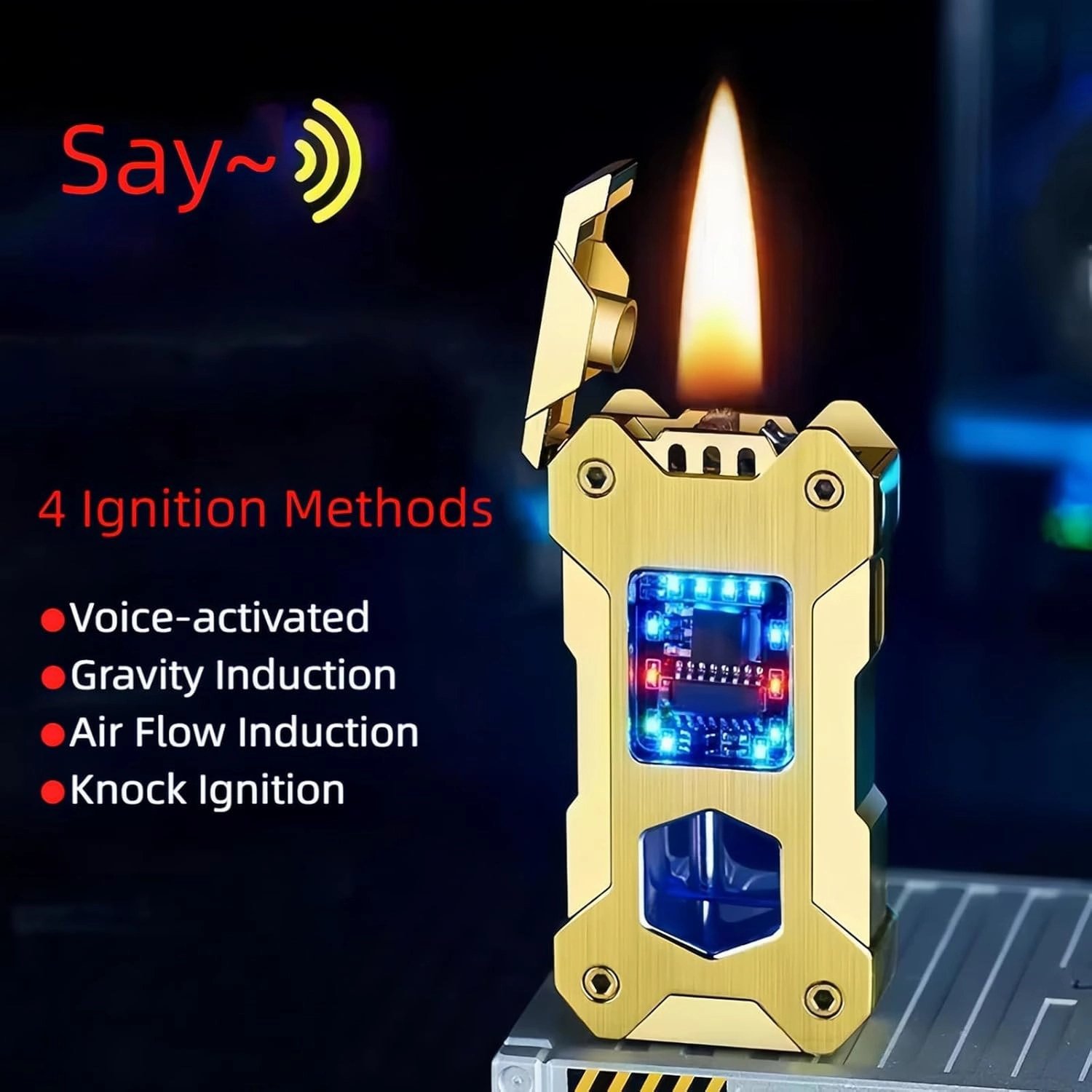 Smart Kerosene Lighter 4-Ignition Methods, Voice Activated Soft Flame Lighter, Metal Mecha Style Refillable Lighters with Cool Colorful Breathing Light (Brushed Silver, No Fuel)