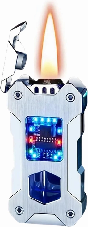 Smart Kerosene Lighter 4-Ignition Methods, Voice Activated Soft Flame Lighter, Metal Mecha Style Refillable Lighters with Cool Colorful Breathing Light (Brushed Silver, No Fuel)