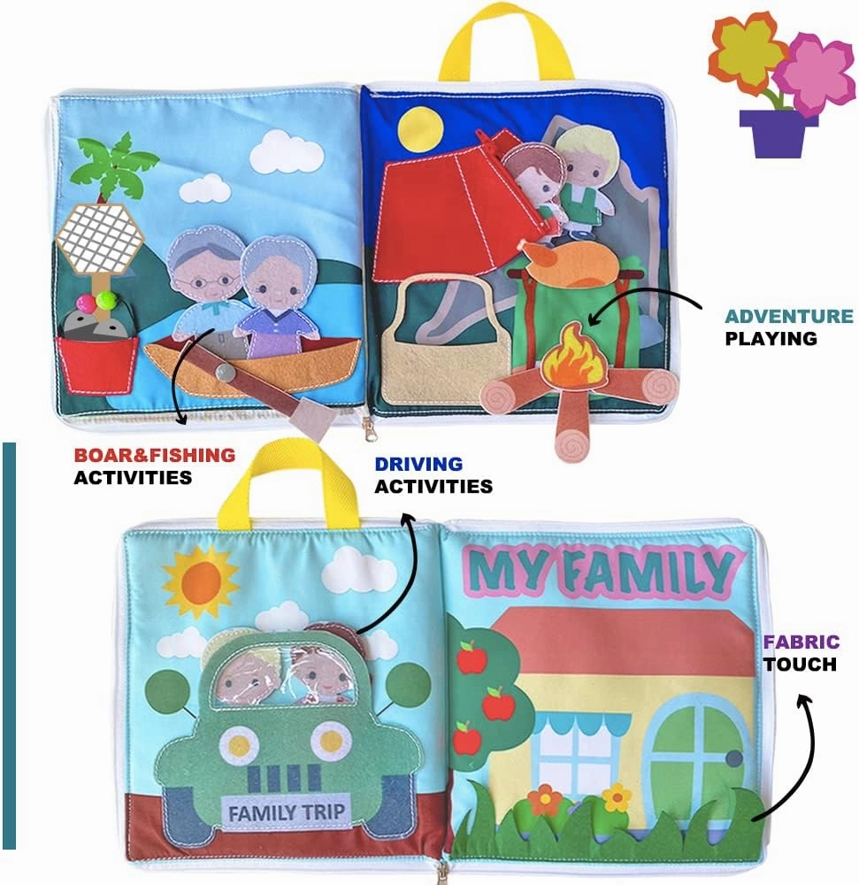 Soft Fabric Activity Book Learning Sensory Quiet Book Toys for 3 4 5 Year Old Boys,Personalized Busy Book for Kids Learning Educational Fabric Book, Travel Toy for Kids (My Family Book)