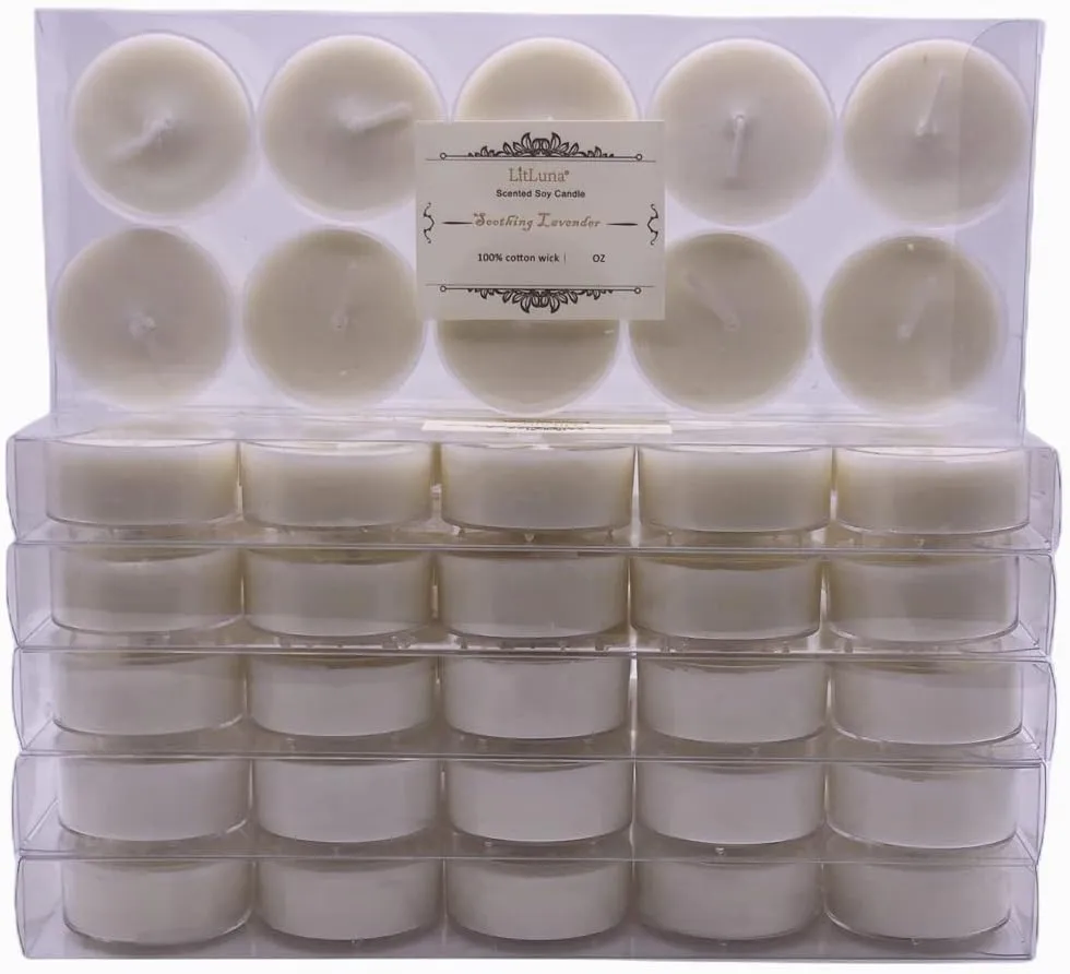 Soy Tealight Candles Scented w/Clear Cup- Pack 60,Assorted 6 Luxury Aromatheraphy Collect-Lavender/Rose/Jasmine Tea/Vanilla/Basil Orange/Apple, Pleasing Smell for Home,Camping,Trip