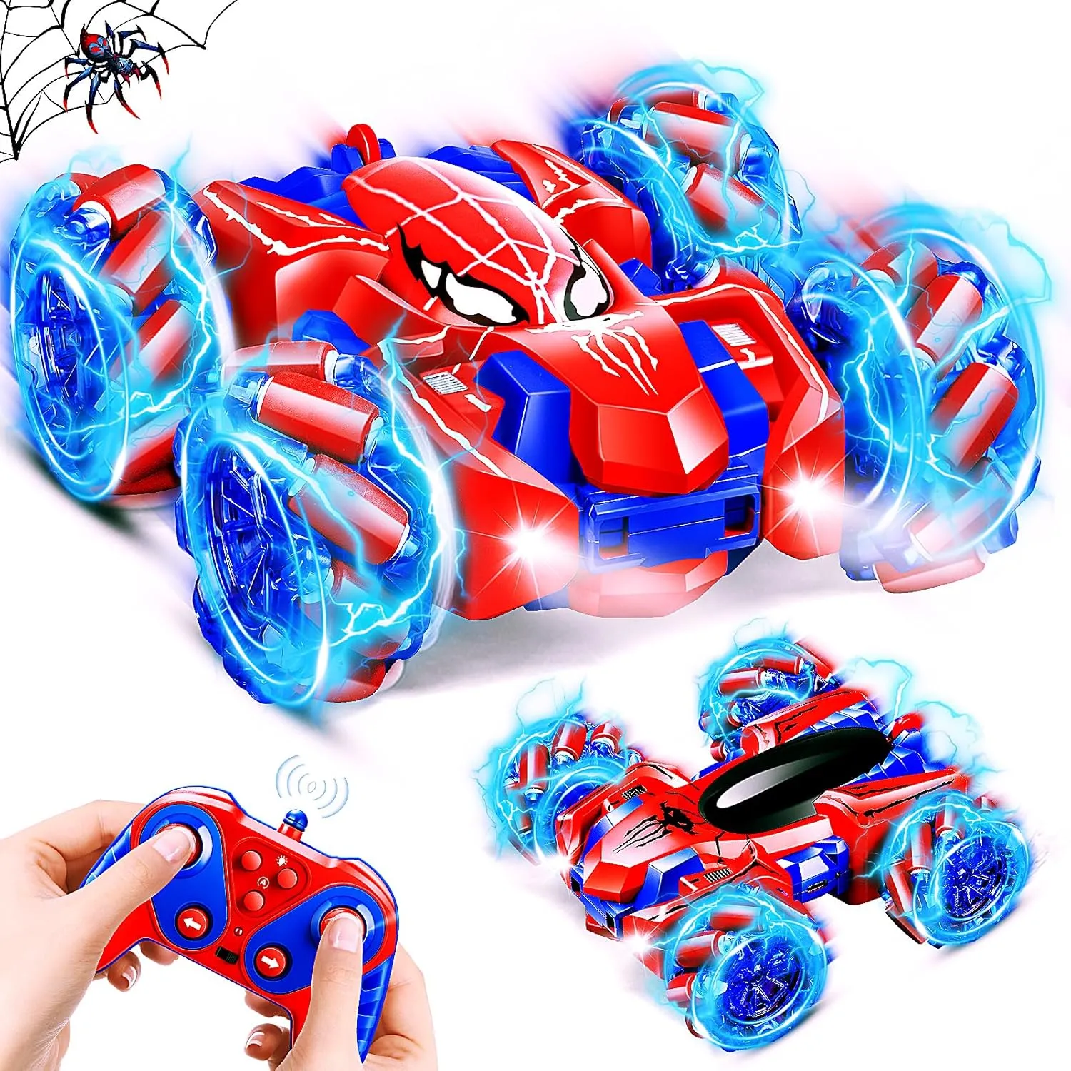 Spider Remote Control Car for Boys, 2.4Ghz RC Cars with Headlight Double Sided Off-Road 360° Rotating Rechargeable 4WD RC Stunt Car Indoor Outdoor Spider Toys 4-6 5-7 8-13 Kids Gifts