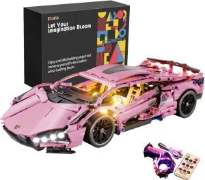 Sport Race Car Building Block Sets for Adults with LED Pink Racing Supercar Toys Kits Collectible 1:14 MOC Model Construction Birthday Gifts for Men Boys and Girls Teens Age 8-12 12-16,14 
