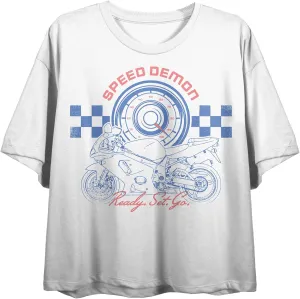 Sportsbike Race Speed Demon, Ready Set Go Women's White Graphic Crop Tee