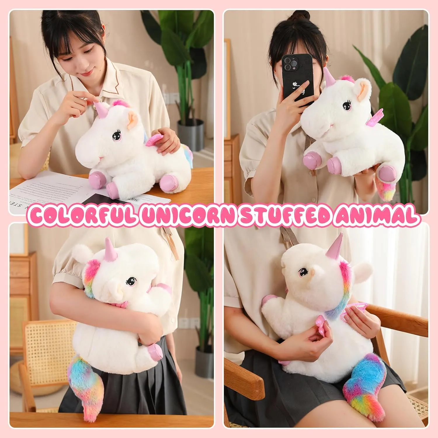 SQEQE Cute Unicorn Stuffed Animals with 4 Babies in Her Tummy, Rainbow Flying Unicorn Plush Pillow Toys with Wings, Gifts for Girls Ages 3 4 5 6 7 8 Years