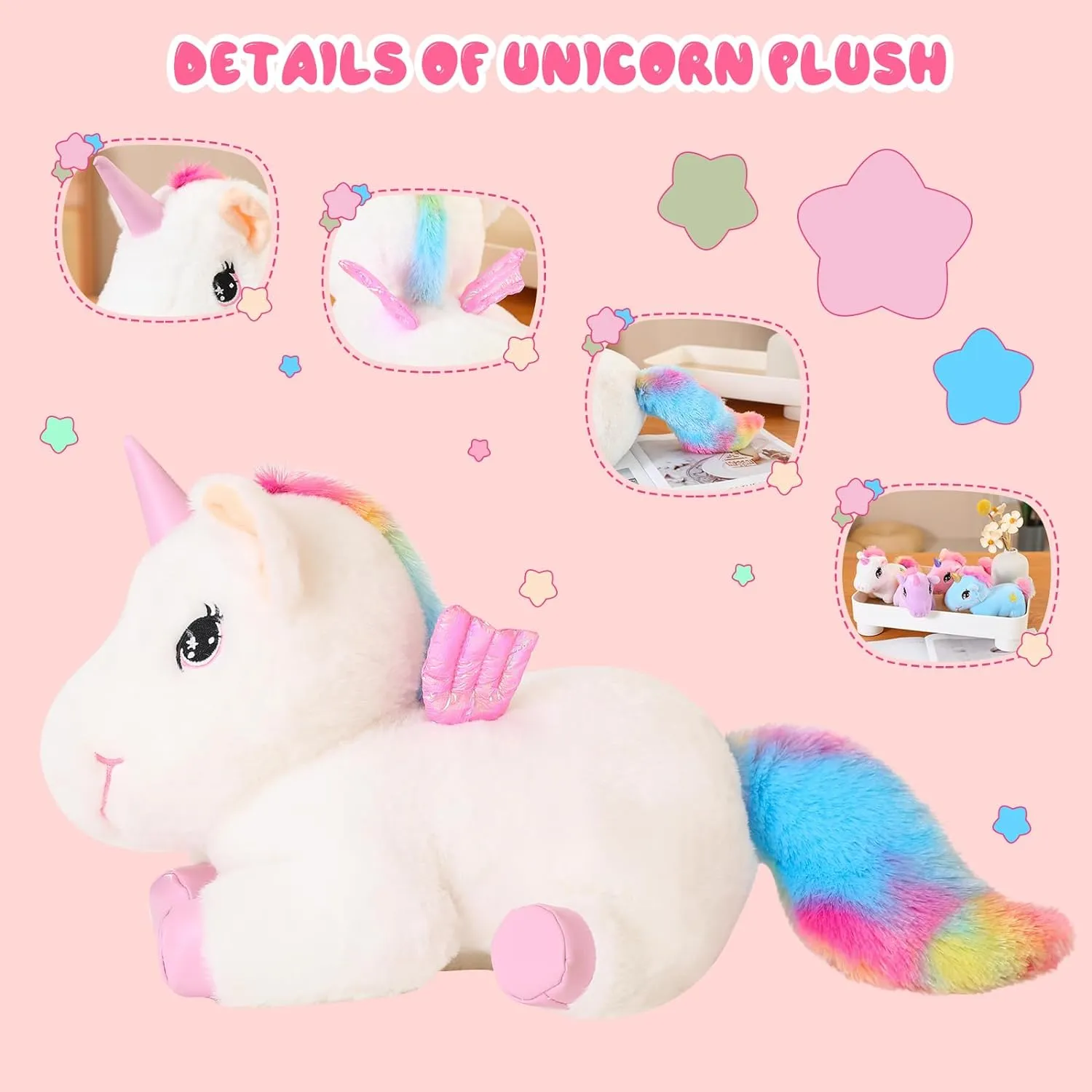 SQEQE Cute Unicorn Stuffed Animals with 4 Babies in Her Tummy, Rainbow Flying Unicorn Plush Pillow Toys with Wings, Gifts for Girls Ages 3 4 5 6 7 8 Years