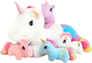 SQEQE Cute Unicorn Stuffed Animals with 4 Babies in Her Tummy, Rainbow Flying Unicorn Plush Pillow Toys with Wings, Gifts for Girls Ages 3 4 5 6 7 8 Years