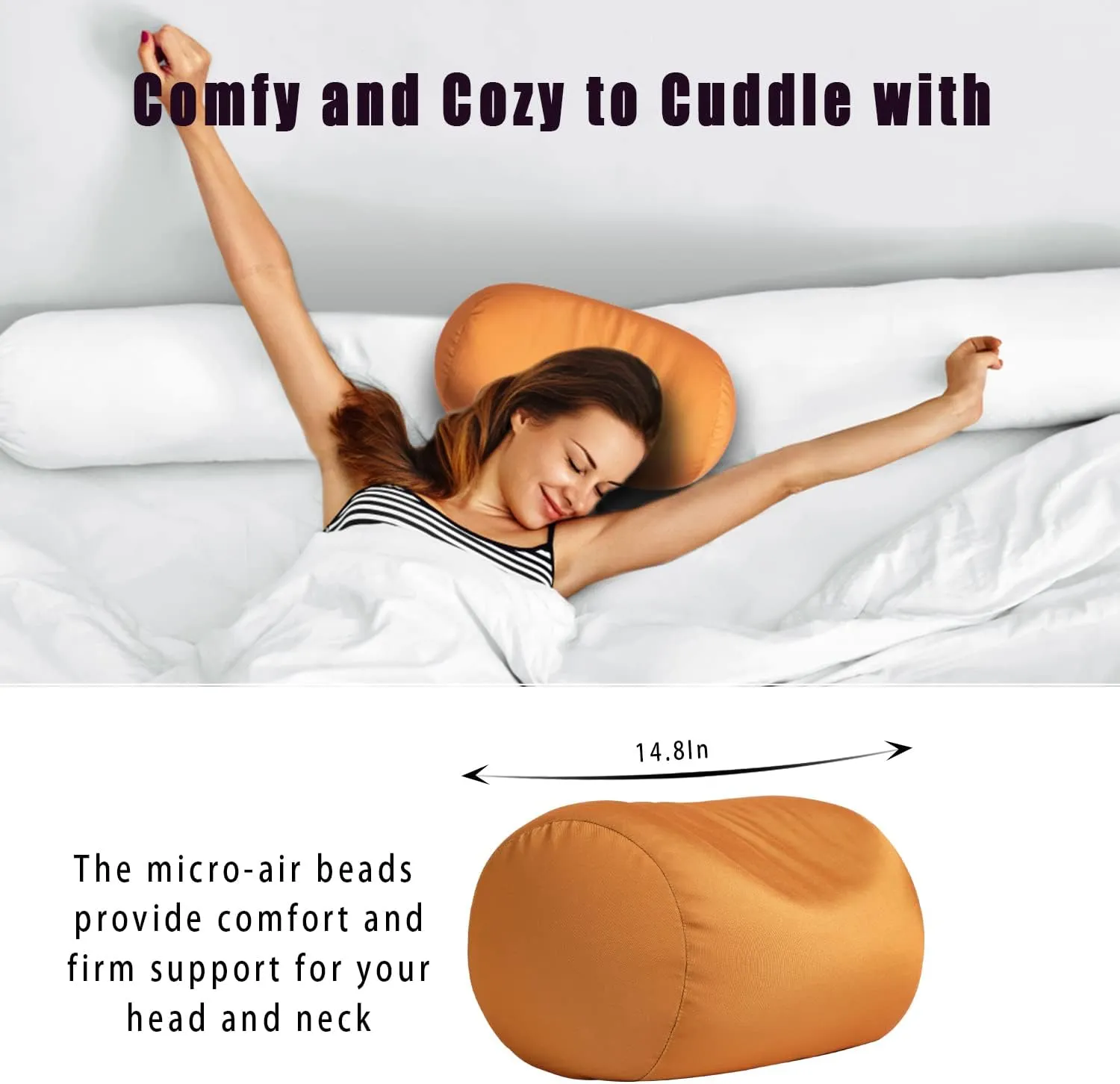 Squish Bean Bed Microbead Pillow Bolster Tube Body Pillow Smooth Cool Touch Fabric Neck & Back Support Throw Travel Pillow Fun Colors (Coffee)