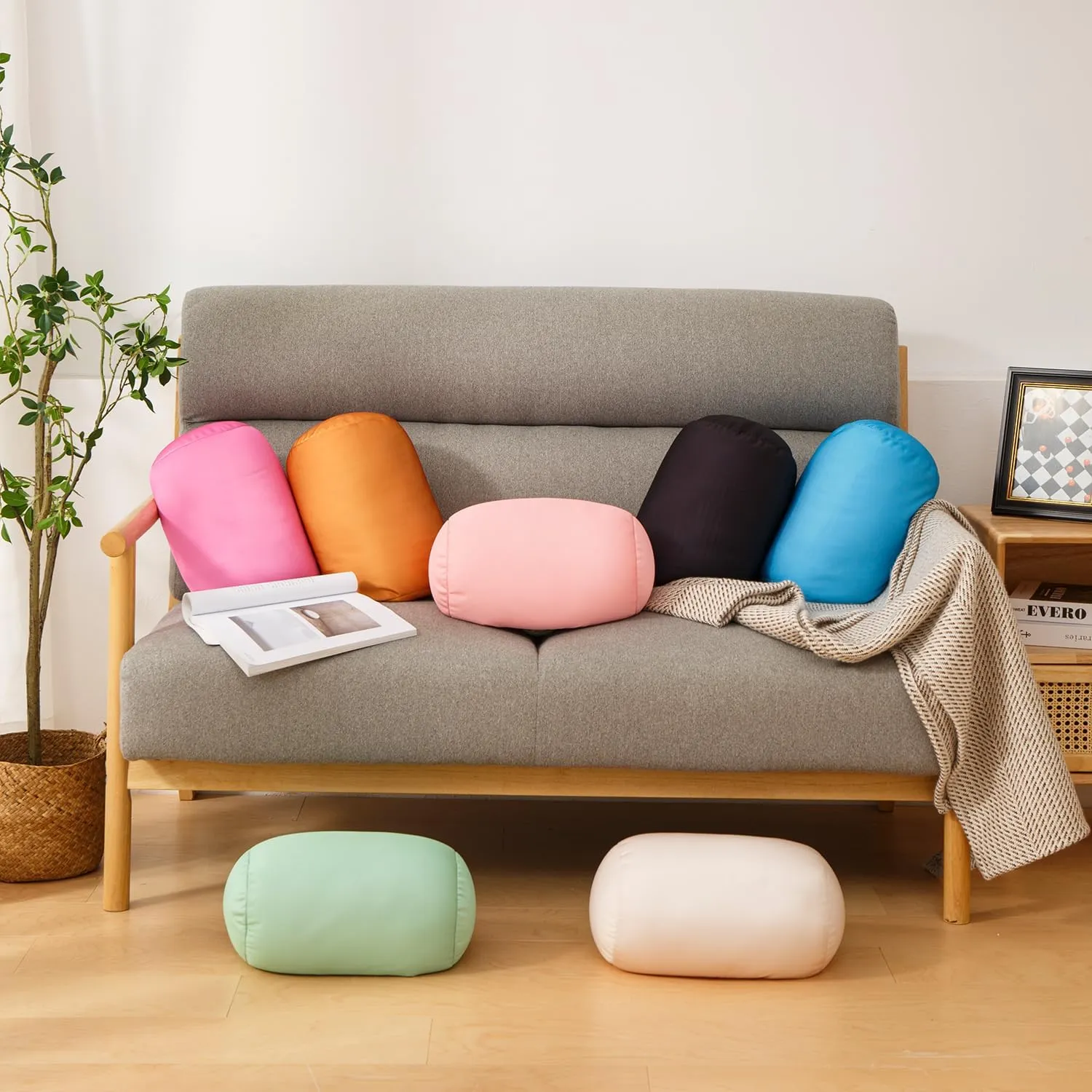 Squish Bean Bed Microbead Pillow Bolster Tube Body Pillow Smooth Cool Touch Fabric Neck & Back Support Throw Travel Pillow Fun Colors (Coffee)