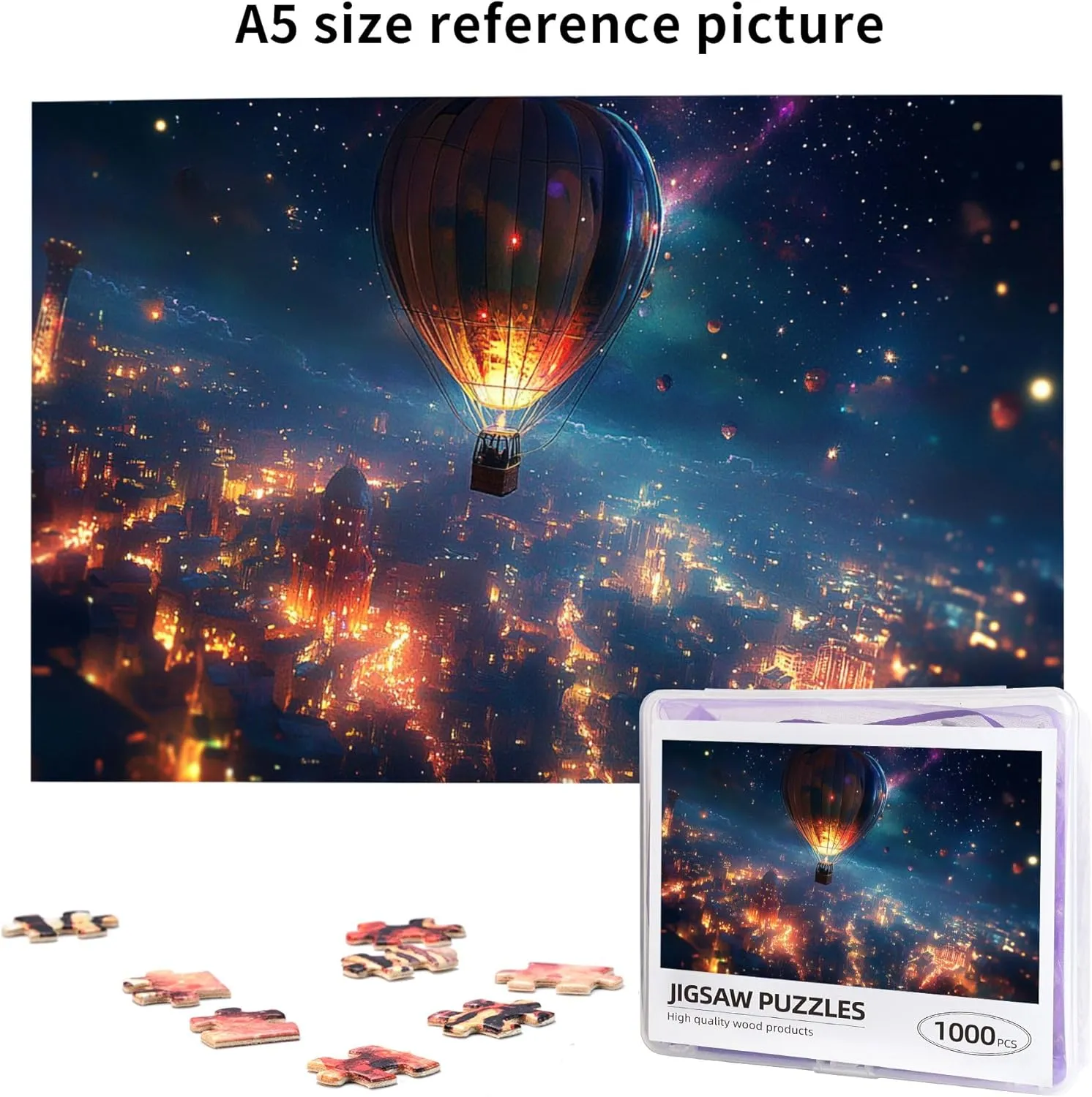 Starry Sky Hot Air Balloon Puzzle 1000 Pcs, Unique Adult Artwork Creative Entertainment Game and Holiday Party Gift Artwork Wall Home Decoration, Wooden Puzzle for Adults