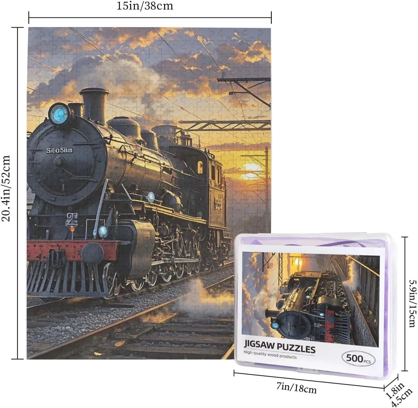 Steam Train Depart Sunset Puzzles 500 Pieces Personalized Jigsaw Puzzles Photos Puzzle for Adults Challenging Picture Puzzle with Storage Bag Puzzles for Men Women Home Decor (20.4" x 15")