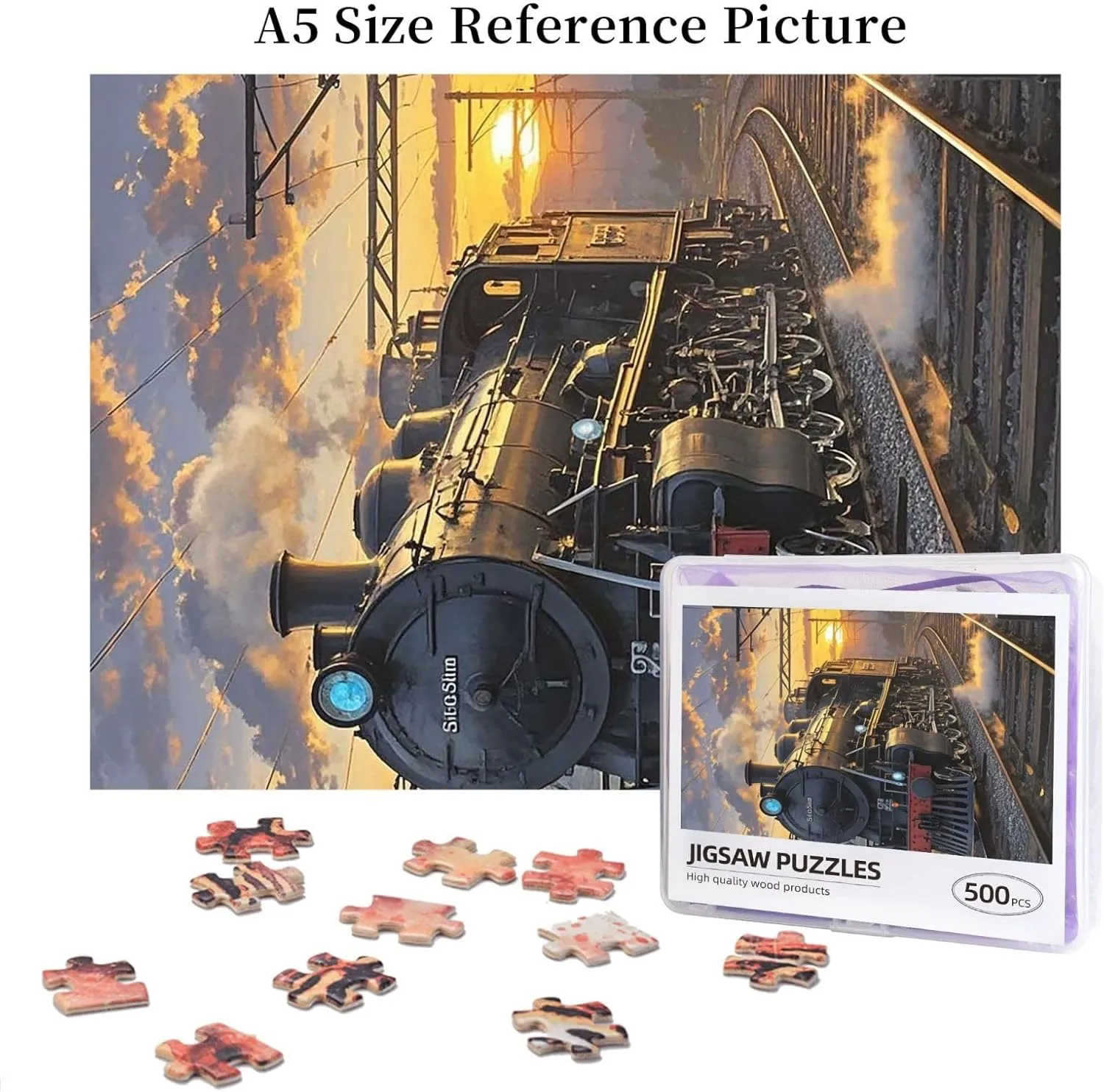 Steam Train Depart Sunset Puzzles 500 Pieces Personalized Jigsaw Puzzles Photos Puzzle for Adults Challenging Picture Puzzle with Storage Bag Puzzles for Men Women Home Decor (20.4" x 15")