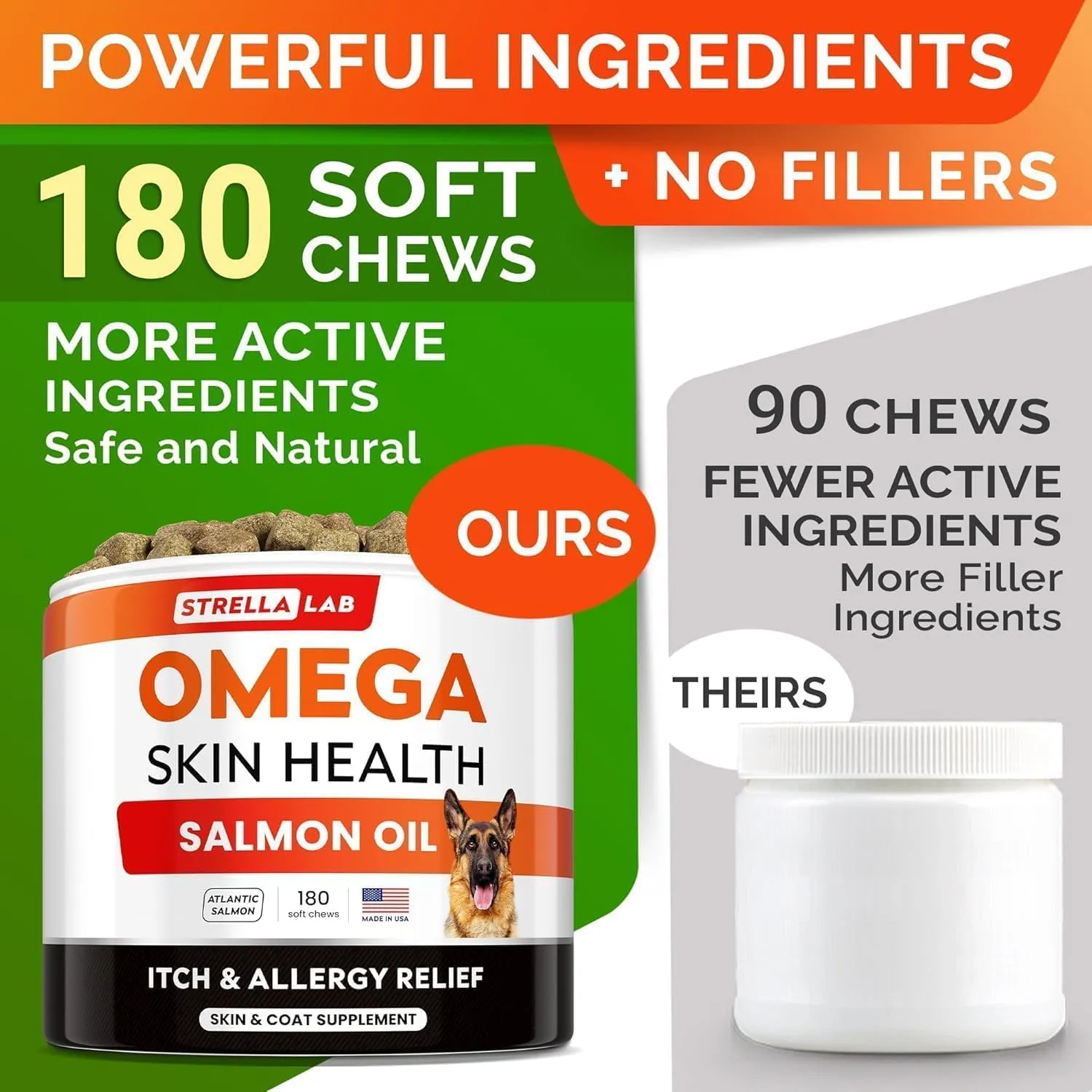 StrellaLab Omega 3 for Dogs - (180Ct) Fish Oil Treats - Allergy & Itch Relief Skin&Coat Supplement - Dry Itchy Skin, Shedding, Hot Spots Treatment, Anti Itch - Pet Salmon Oil Chews - Atlantic Salmon