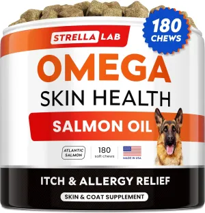 StrellaLab Omega 3 for Dogs - (180Ct) Fish Oil Treats - Allergy & Itch Relief Skin&Coat Supplement - Dry Itchy Skin, Shedding, Hot Spots Treatment, Anti Itch - Pet Salmon Oil Chews - Atlantic Salmon