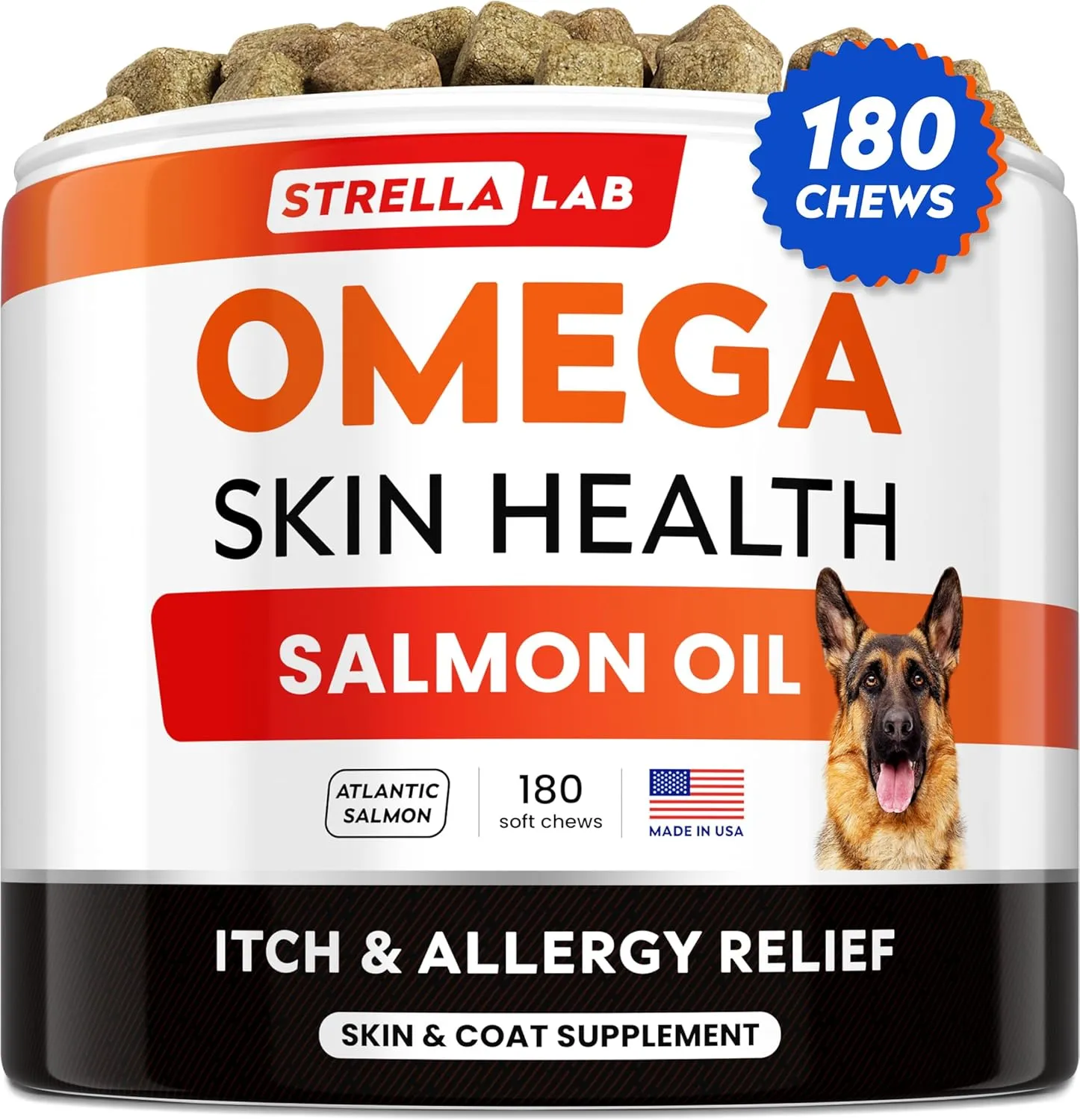 StrellaLab Omega 3 for Dogs - (180Ct) Fish Oil Treats - Allergy & Itch Relief Skin&Coat Supplement - Dry Itchy Skin, Shedding, Hot Spots Treatment, Anti Itch - Pet Salmon Oil Chews - Atlantic Salmon