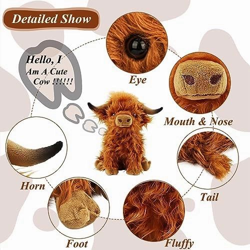 Stuffed Animals Highland Cows Cute Stuff Fluffy Cattle Dolls Skeleton Toys Figure Pillows Birthday Presents for Baby Kids Girls Boys Toddler Preschool Realistic Plush Décor (11 inches,Brown)