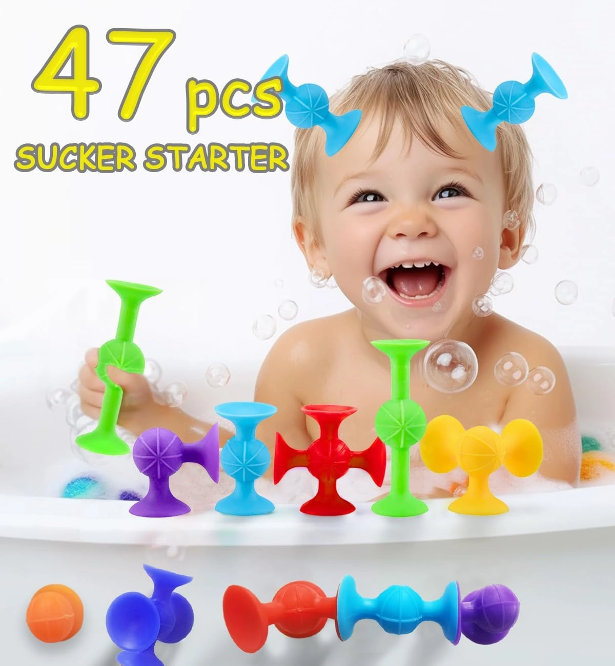 Suction Bath Toys for Baby, 47 Piece Starter Set Suction Cup Toys Pop Darts Preschool Sensory Fidget Toys for Toddlers 1-3 4-8 | No Hole Bath Toy | BPA Free Bath Toys (Large Size)