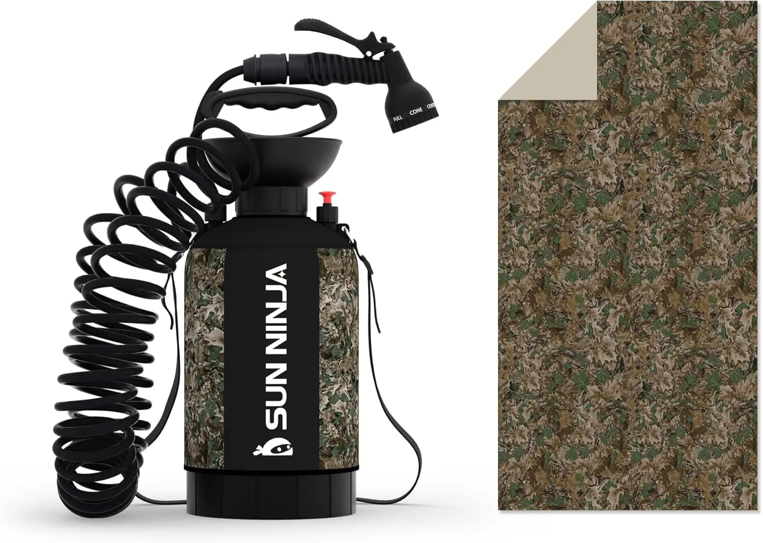 SUN NINJA Portable Shower Bundle with Microfiber Beach Towel, Multi-Spray Shower Head, Neoprene Cover Keeps Water Warm, Quick-Dry & Sand-Free Towel, Complete Outdoor Cleaning Kit