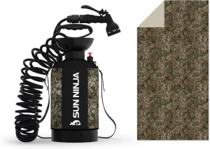 SUN NINJA Portable Shower Bundle with Microfiber Beach Towel, Multi-Spray Shower Head, Neoprene Cover Keeps Water Warm, Quick-Dry & Sand-Free Towel, Complete Outdoor Cleaning Kit