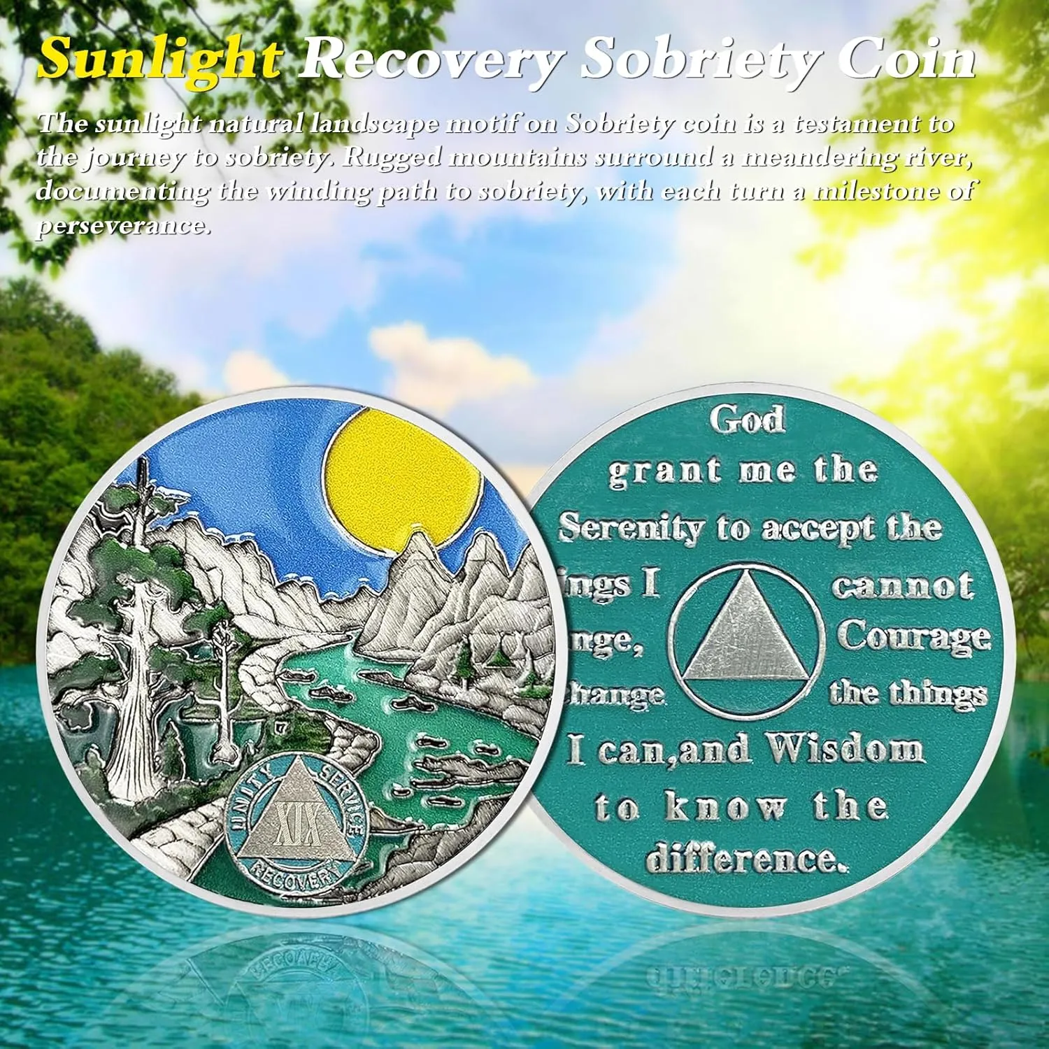 Sunlight 19 Year Sobriety Coin - Recovery 19 Year AA Coins - Serenity Prayer NA AA Chips and Medallions - 1-65 Prime Living Clean Sober Token - Narcotics Alcoholics Anonymous Gifts for Men Women