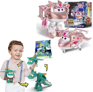 Super Wings Transformable Toys 2-Pack - 5" Tino Dinosaur & Golden Girl Airplane to Robot Figures, 2-in-1 Rescue Bots Action Playset for Kids Ages 3-9, Fun Plane & Dinosaur Toy Gift Set for Boys & Girl