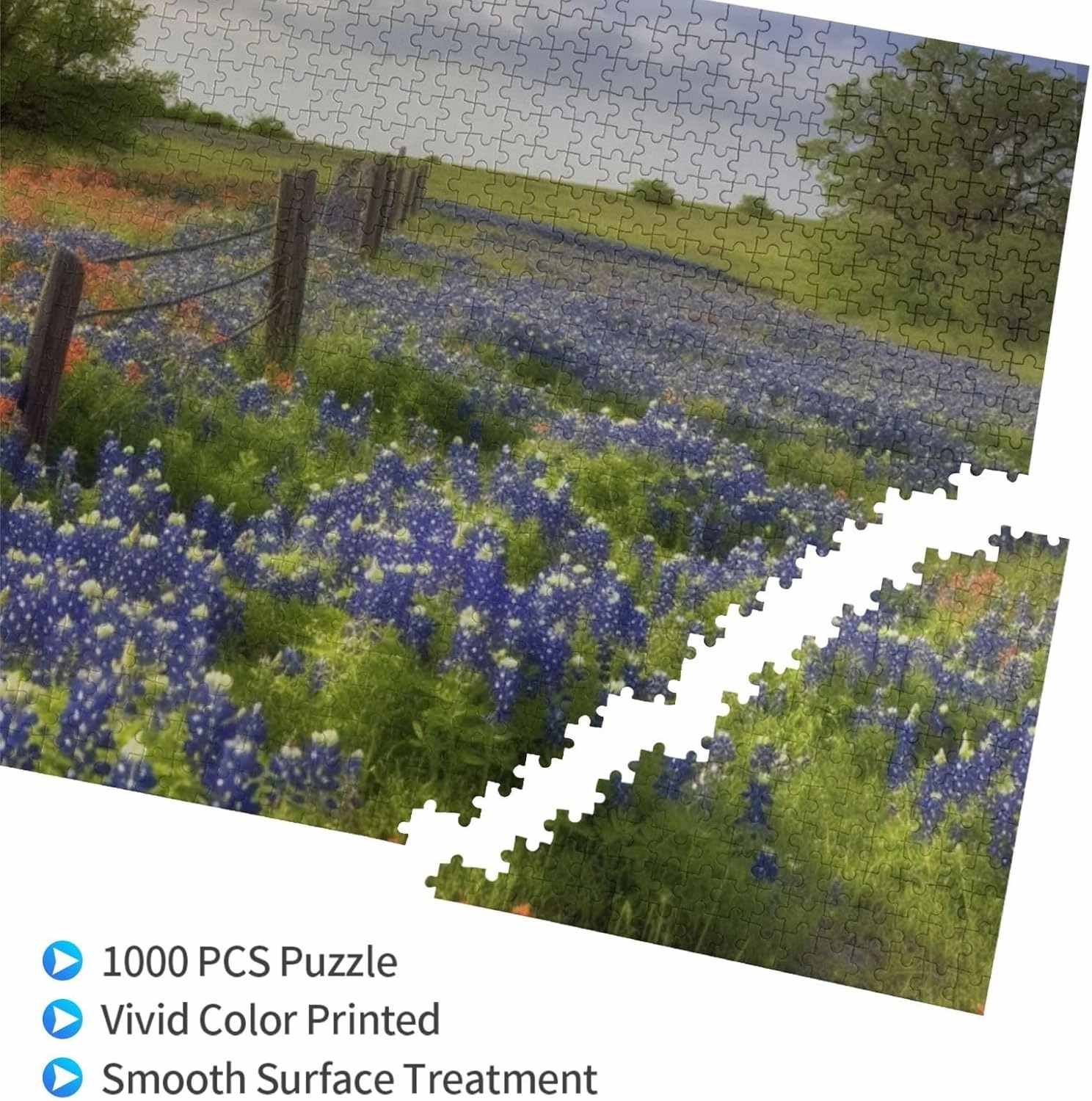 Texas Bluebonnets Scenery Puzzles 1000 Pieces Personalized Jigsaw Puzzles for Adults Personalized Picture with Storage Bag Puzzle Wooden Photos Puzzle for Family Home Decor (29.5" x 19.7")