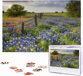 Texas Bluebonnets Scenery Puzzles 1000 Pieces Personalized Jigsaw Puzzles for Adults Personalized Picture with Storage Bag Puzzle Wooden Photos Puzzle for Family Home Decor (29.5" x 19.7")