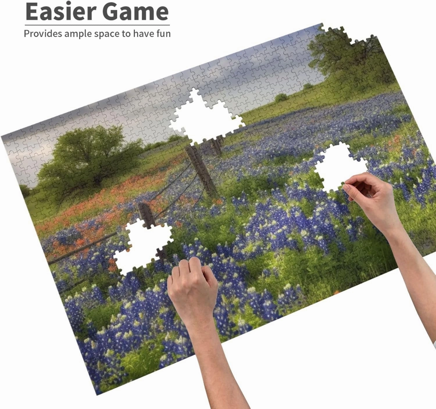 Texas Bluebonnets Scenery Puzzles 1000 Pieces Personalized Jigsaw Puzzles for Adults Personalized Picture with Storage Bag Puzzle Wooden Photos Puzzle for Family Home Decor (29.5" x 19.7")
